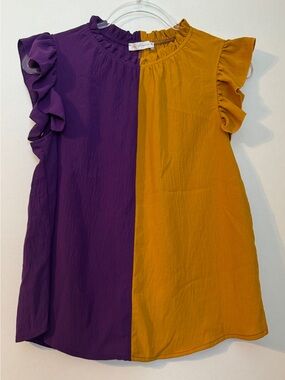 Ces Femme~Purple and Mustard Colorblock Ruffle sleeve top